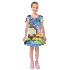Totoro Starry Night Art Van Gogh Parody Kids  Short Sleeve Velvet Dress by Modalart