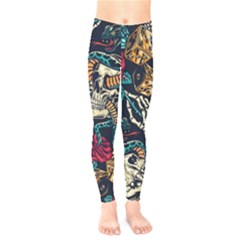 Vintage Art Tattoos Colorful Seamless Pattern Kids  Leggings by Bedest