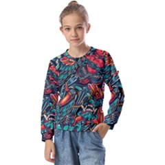 Vintage Tattoos Colorful Seamless Pattern Kids  Long Sleeve T-shirt With Frill 