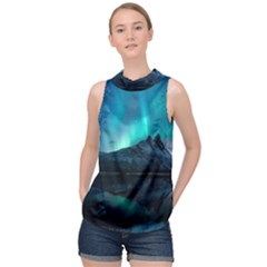 Aurora Borealis Mountain Reflection High Neck Satin Top by Pakjumat