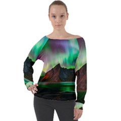 Aurora Borealis Nature Sky Light Off Shoulder Long Sleeve Velour Top