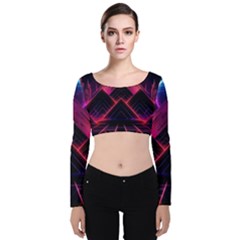 Synthwave City Retrowave Wave Velvet Long Sleeve Crop Top by Pakjumat