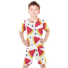 Cute Smiling Watermelon Seamless Pattern White Background Kids  T-shirt And Shorts Set