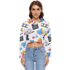 Cinema Icons Pattern Seamless Signs Symbols Collection Icon Women s Lightweight Cropped Hoodie by Pakjumat
