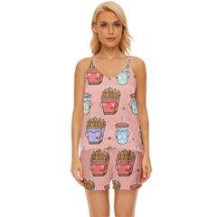 Cute Kawaii Food Seamless Pattern V-neck Satin Pajamas Set