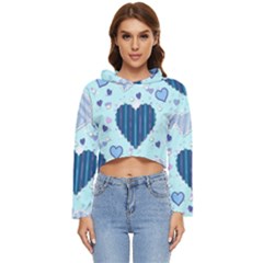 Hearts Pattern Paper Wallpaper Blue Background Women s Lightweight Cropped Hoodie by Pakjumat