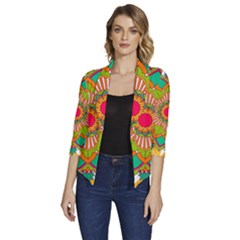 Mandala Patterns Yellow Women s Draped Front 3/4 Sleeve Shawl Collar Jacket by Pakjumat