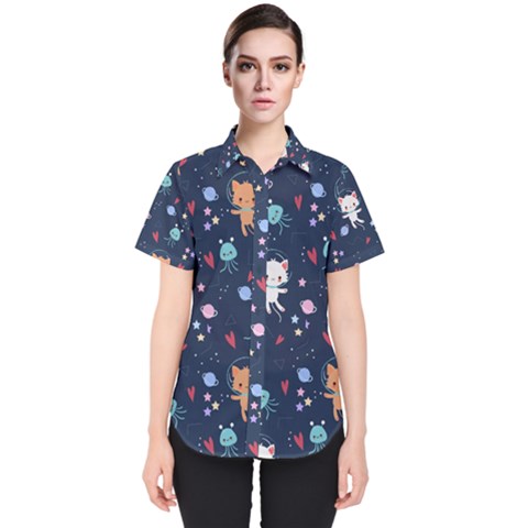 Cute Astronaut Cat With Star Galaxy Elements Seamless Pattern Women s Short Sleeve Shirt by Grandong