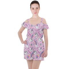 Cute Cat Kitten Cartoon Doodle Seamless Pattern Ruffle Cut Out Chiffon Playsuit