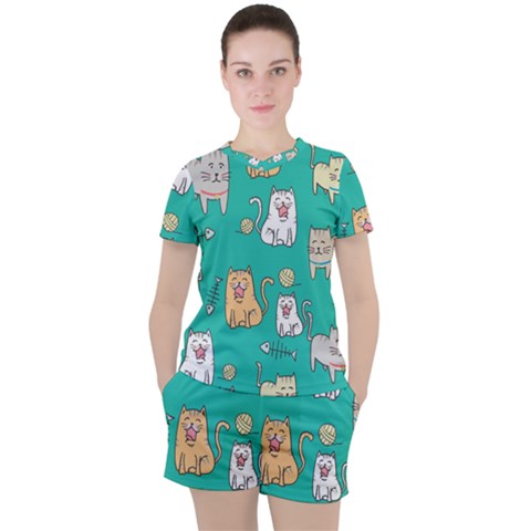Seamless Pattern Cute Cat Cartoon With Hand Drawn Style Women s T-shirt And Shorts Set by Grandong