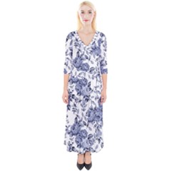 Blue Vintage Background Background With Flowers, Vintage Quarter Sleeve Wrap Maxi Dress