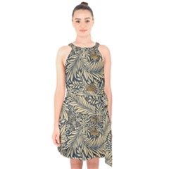 Brown Vintage Background Vintage Floral Pattern, Brown Halter Collar Waist Tie Chiffon Dress