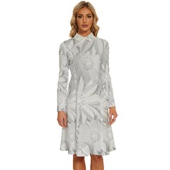 Damask, Desenho, Flowers, Gris Long Sleeve Shirt Collar A-line Dress