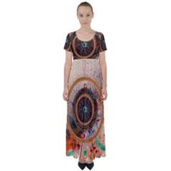 Dreamcatcher, Abstract, Colorful, Colors, Dream, Golden, Vintage High Waist Short Sleeve Maxi Dress