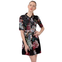 Floral Pattern, Red, Floral Print, E, Dark, Flowers Belted Shirt Dress