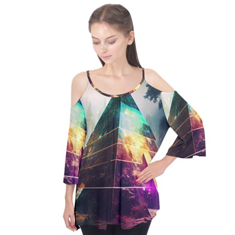 Tropical Forest Jungle Ar Colorful Midjourney Spectrum Trippy Psychedelic Nature Trees Pyramid Flutter Sleeve T-shirt  by Sarkoni
