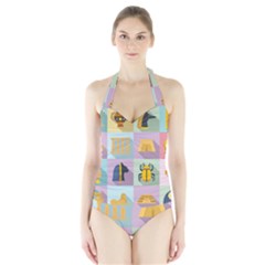 Egypt Icons Set Flat Style Halter Swimsuit by Bedest