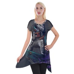 Illustration Astronaut Cosmonaut Paying Skateboard Sport Space With Astronaut Suit Short Sleeve Side Drop Tunic