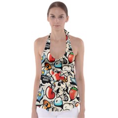 Comical Words Animals Comic Omics Crazy Graffiti Tie Back Tankini Top by Bedest