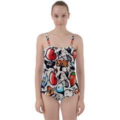 Art Book Gang Crazy Graffiti Supreme Work Twist Front Tankini Set by Bedest
