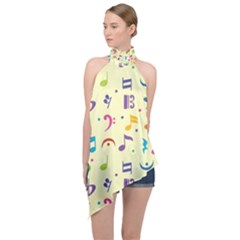 Seamless Pattern Musical Note Doodle Symbol Halter Asymmetric Satin Top