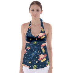 Seamless Pattern With Funny Aliens Cat Galaxy Tie Back Tankini Top