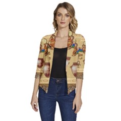 Egypt Horizontal Illustration Women s Draped Front 3/4 Sleeve Shawl Collar Jacket