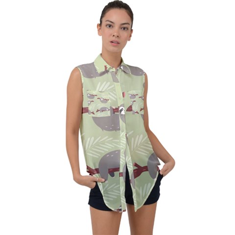 Sloths Pattern Design Sleeveless Chiffon Button Shirt by Hannah976