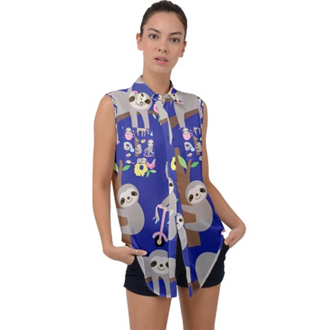 Hand Drawn Cute Sloth Pattern Background Sleeveless Chiffon Button Shirt by Hannah976