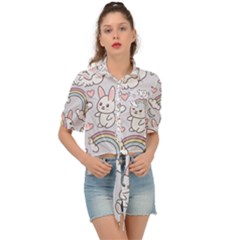 Seamless Pattern With Cute Rabbit Character Tie Front Shirt  by Apen