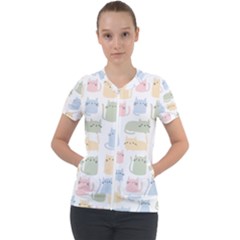 Cute Cat Colorful Cartoon Doodle Seamless Pattern Short Sleeve Zip Up Jacket by Ravend