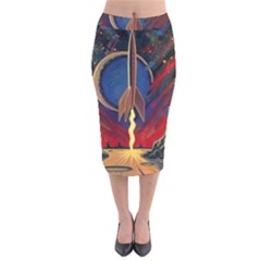 Rocket Painting Velvet Midi Pencil Skirt