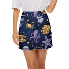 Marine Seamless Pattern Thin Line Memphis Style Mini Front Wrap Skirt by Ket1n9