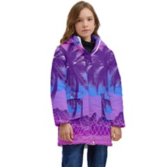 Palm Tree Vaporwave Synthwave Retro Style Kids  Hooded Longline Puffer Jacket by Cendanart