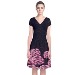 Pink & Black Japanese Style Cherry Blossom Short Sleeve Front Wrap Dress by CoolDesigns