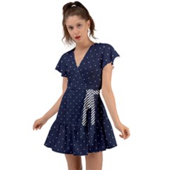 Dark Blue Polka Dots Print Stripe Waist Flutter Sleeve Wrap Dress by CoolDesigns