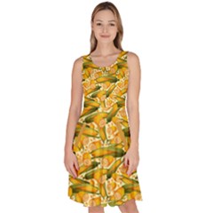 Dark Yellow Organic Food Corn Stalk Pattern Knee Length Skater Dress With Pockets