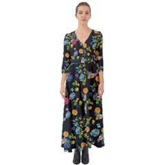 Dark Colorful Garden Button Up Boho Maxi Dress