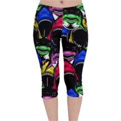 Cool Shark Face Colorful Stretchy Velvet Capri Leggings  by CoolDesigns