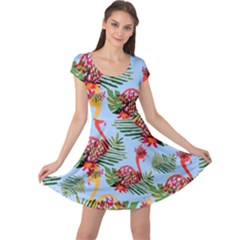 Flamingo Summer Tropical Sky Blue Cap Sleeve Dress