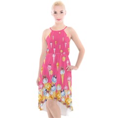 Full Of Cones Deep Pink Ice-cream High-low Halter Chiffon Dress 