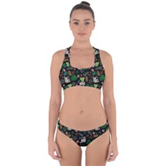 Floral Pattern With Plants Sloth Flowers Black Backdrop Cross Back Hipster Bikini Set by Bedest
