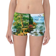 Paradise Forest Painting Bird Deer Waterfalls Reversible Boyleg Bikini Bottoms