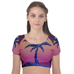 Abstract 3d Art Holiday Island Palm Tree Pink Purple Summer Sunset Water Velvet Short Sleeve Crop Top  by Cemarart