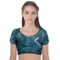 Fish Koi Carp Velvet Short Sleeve Crop Top  by Cemarart