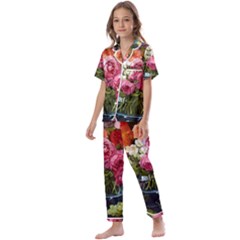 Flower And Parrot Art Flower Painting Kids  Satin Short Sleeve Pajamas Set by Cemarart
