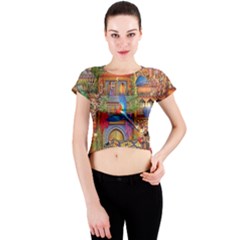 Arabian Street Art Colorful Peacock Tiger Man Parrot Horse Dancer Fantasy Crew Neck Crop Top by Cemarart
