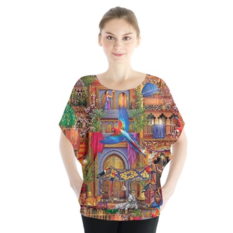 Arabian Street Art Colorful Peacock Tiger Man Parrot Horse Dancer Fantasy Batwing Chiffon Blouse by Cemarart