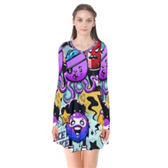 Cartoon Graffiti, Art, Black, Colorful Long Sleeve V-neck Flare Dress