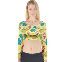Seamless Pattern With Cute Dinosaurs Character Long Sleeve Crop Top